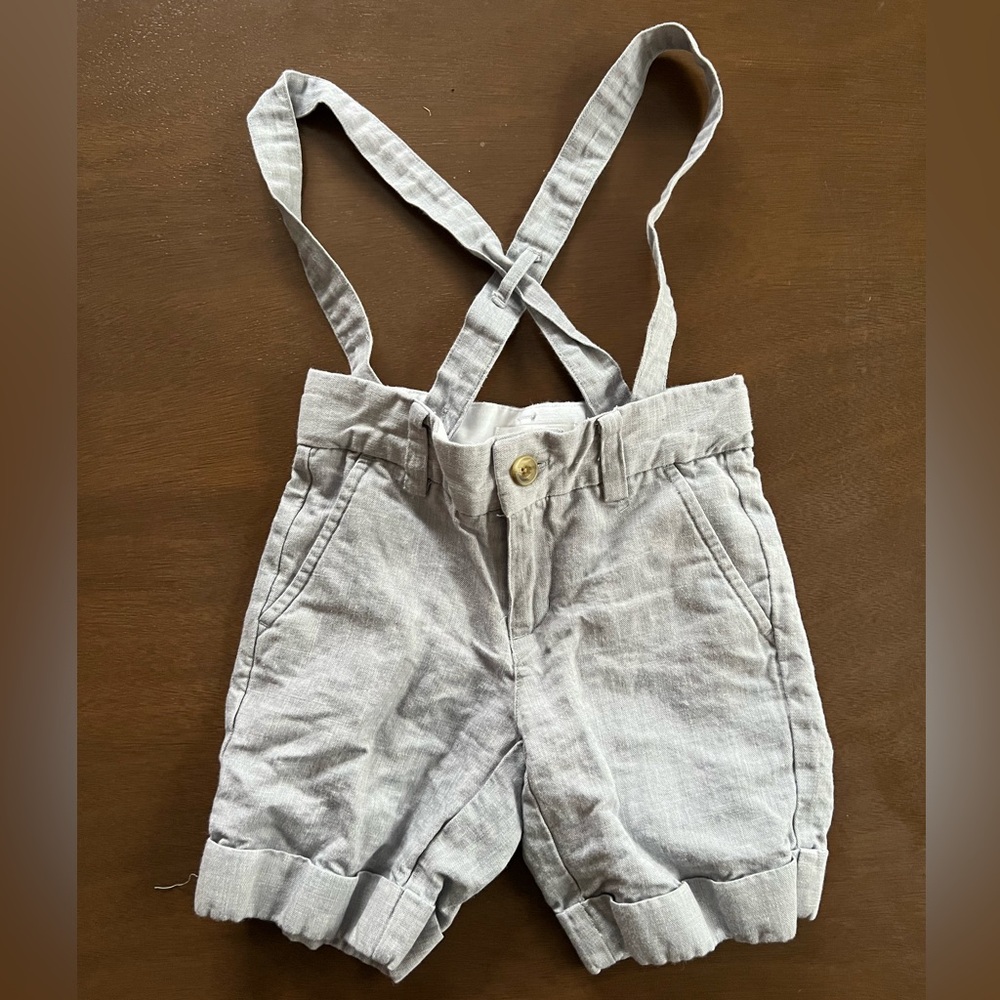 Janie and Jack Gray Linen Blend Cross Back Suspender Overalls | Size 3